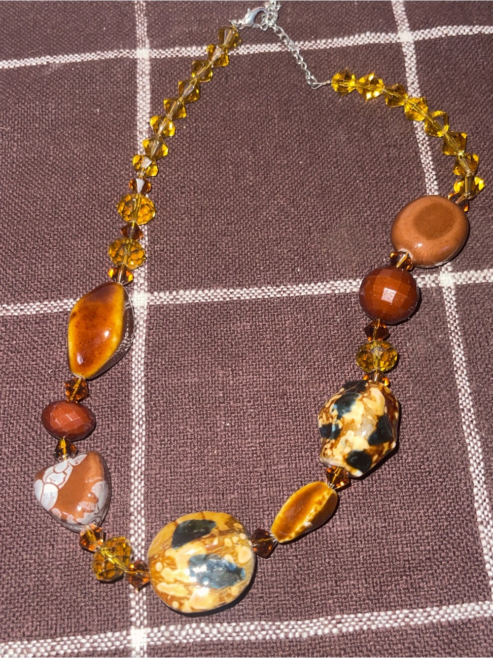 Vintage Handmade Earth Tone Beaded Necklace Amber Brown Jasper Style Statement